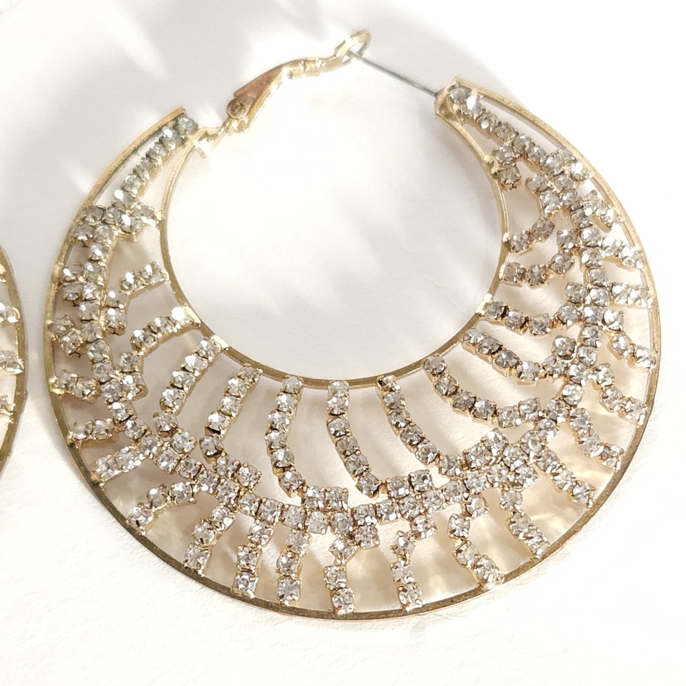 Gold Tone Crystal Hoop Earrings Large Crystal Statement Hoop Earrings - Picture 9 of 14